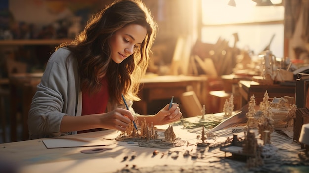 Una donna è seduta a un tavolo attivamente impegnata a lavorare su una scultura