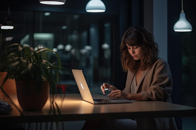 Una donna è seduta a un tavolo in un ufficio buio, al lavoro su un macbook pro.