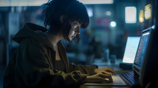 Una donna è seduta a una scrivania in una stanza buia, al lavoro su un computer portatile.