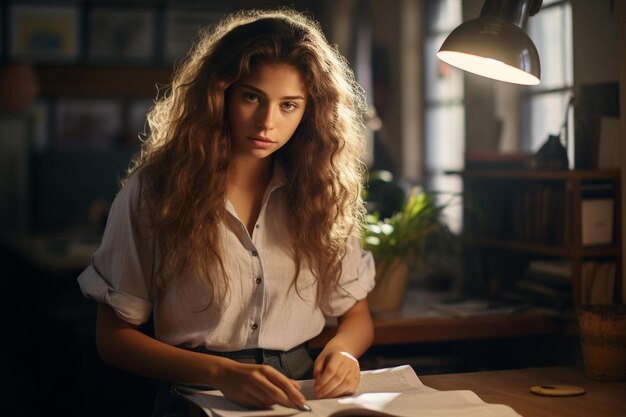 una donna è seduta alla scrivania con un libro in mano.