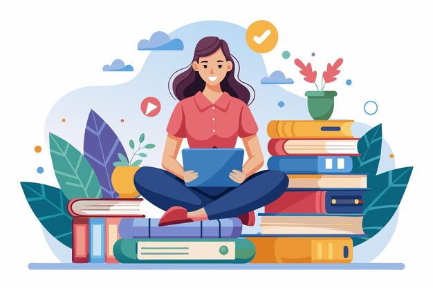 Una donna è seduta con un portatile aperto davanti a una pila di libri donna davanti a un portatile seduta con libri sull'apprendimento online semplice e minimalista Vector Illustratio piatto