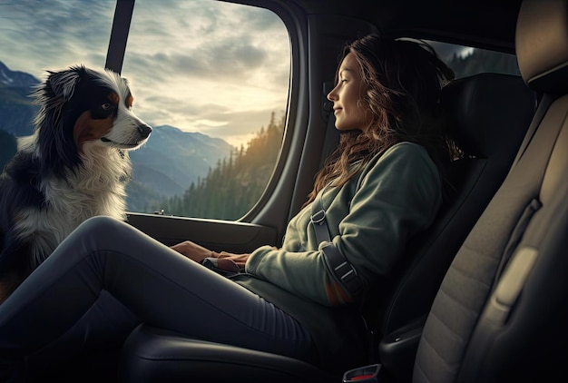 una donna è seduta in macchina con un cane ai lati nello stile dei paesaggi che sfidano la gravità