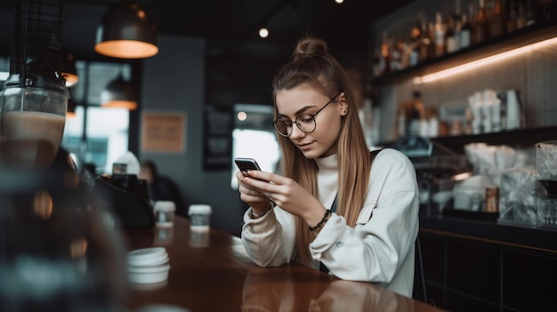 Una donna è seduta in un bar e guarda il telefono.