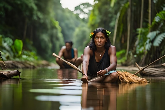Una donna è seduta in un fiume con un bastone che dice "nomade".