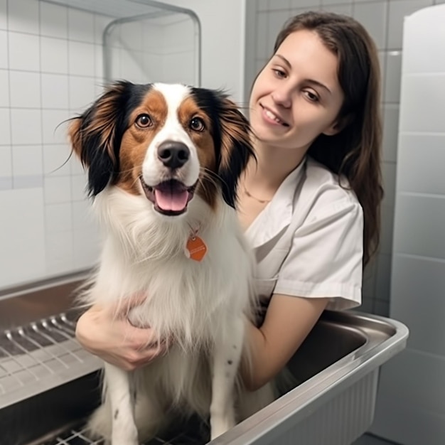 Una donna è seduta in una vasca da bagno con un cane.