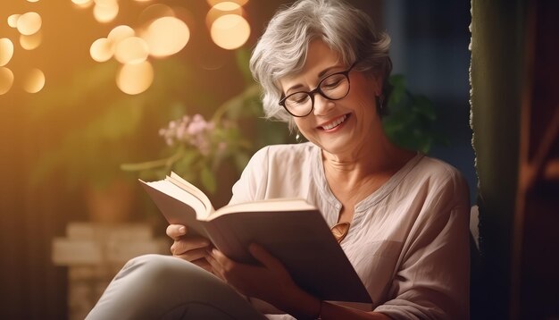 Una donna è seduta su un divano con un libro in grembo