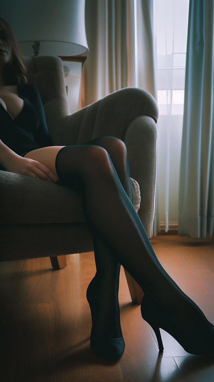 Foto una donna è seduta su un divano con un vestito nero
