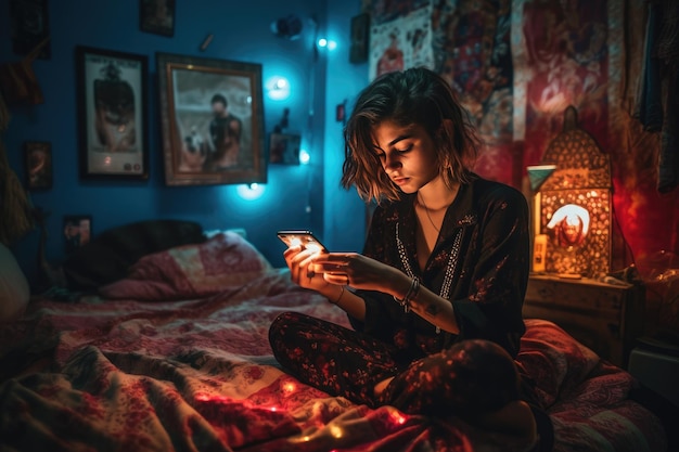 Una donna è seduta su un letto in una stanza buia e guarda il suo telefono.