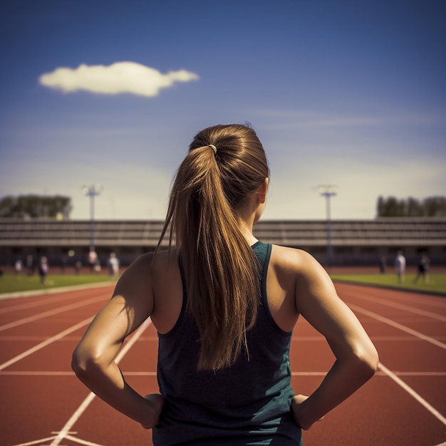 una donna è seduta su una pista con le mani sui fianchi