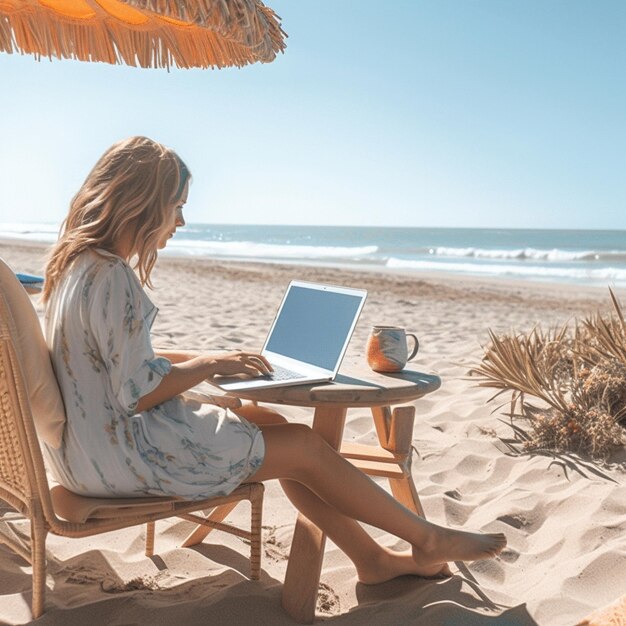 una donna è seduta su una sedia con un computer portatile sulla spiaggia