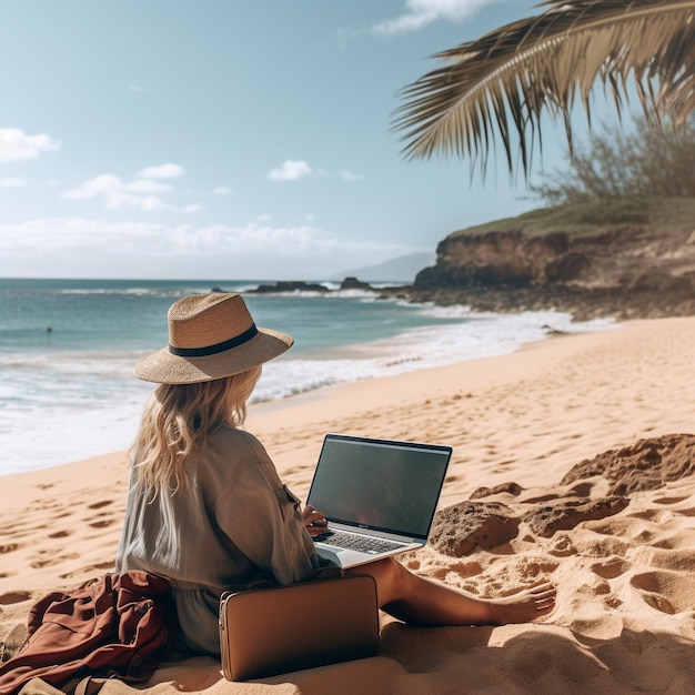 una donna è seduta sulla spiaggia con un laptop