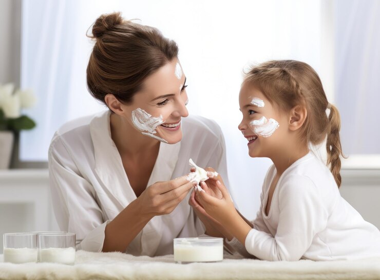 Una donna e sua figlia che fanno la crema per il viso