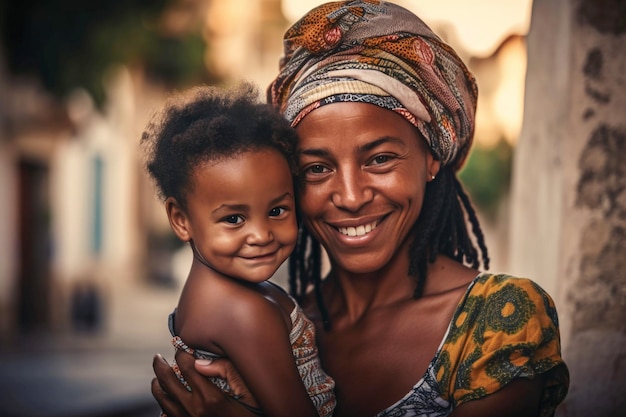 Una donna e suo figlio sorridono e li tengono in braccio.