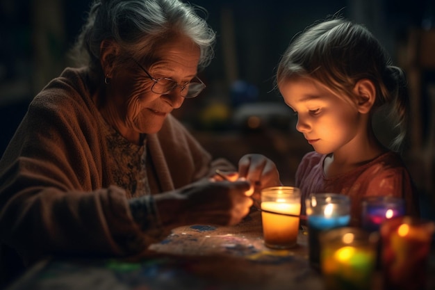Una donna e un bambino accendono insieme una candela