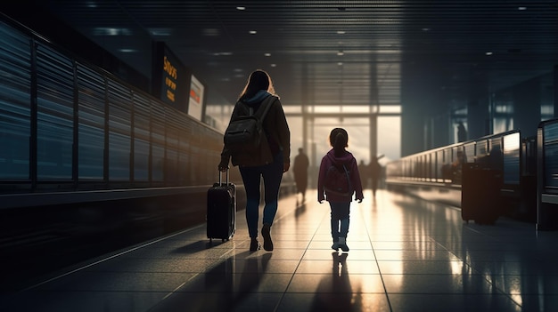 Una donna e un bambino attraversano un aeroporto con una valigia