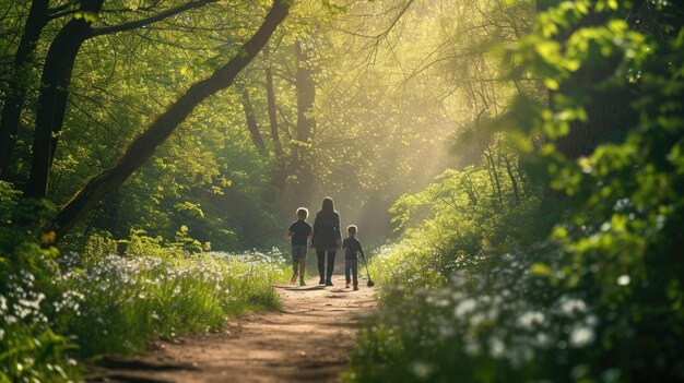 Una donna e un bambino camminano lungo un sentiero nel bosco tenendosi per mano