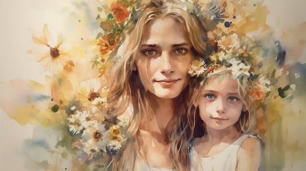 Una donna e un bambino con dei fiori in testa