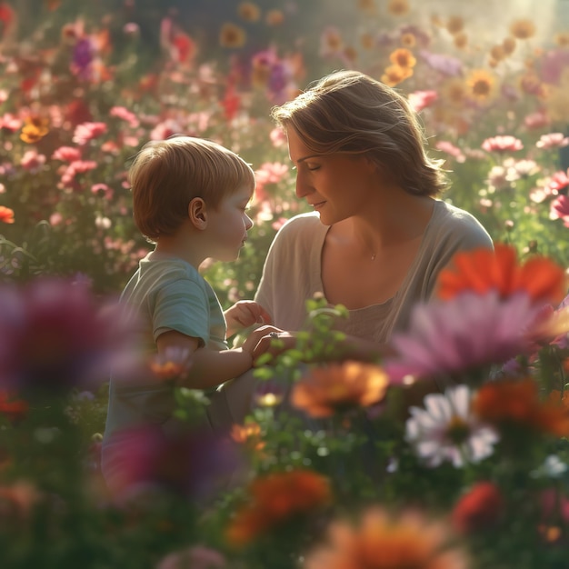 Una donna e un bambino in un campo di fiori