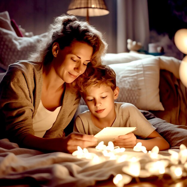 Una donna e un bambino leggono una carta con le candele sul pavimento.