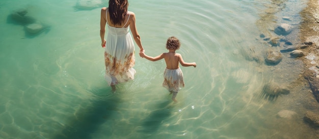 Una donna e un bambino passeggiano insieme in acqua fresca in una calda giornata estiva con spazio per il testo Bambino di circa due anni