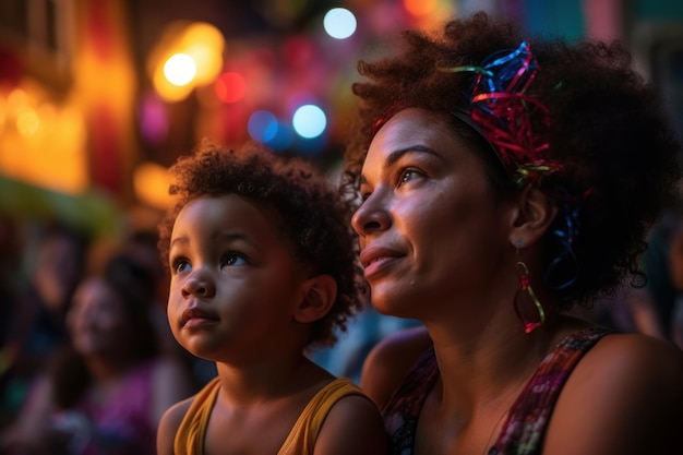 Una donna e un bambino seduti su un palco guardano una festa con luci colorate.