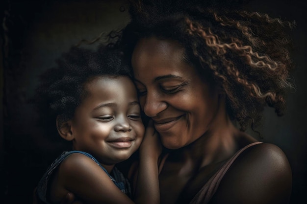 Una donna e un bambino si abbracciano e sorridono.