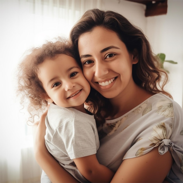 Una donna e un bambino si abbracciano e sorridono.