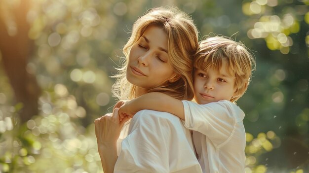 Una donna e un bambino si abbracciano in una foresta.