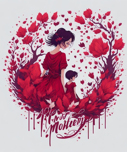 Una donna e un bambino sono in piedi in un cerchio con delle foglie rosse e la scritta "mamma".