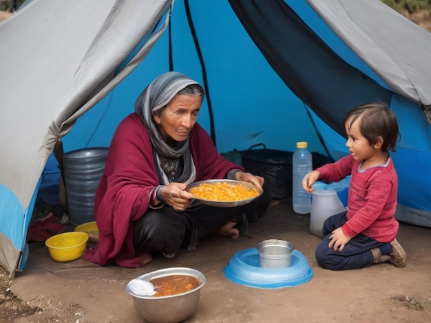 una donna e un bambino sono in una tenda con del cibo