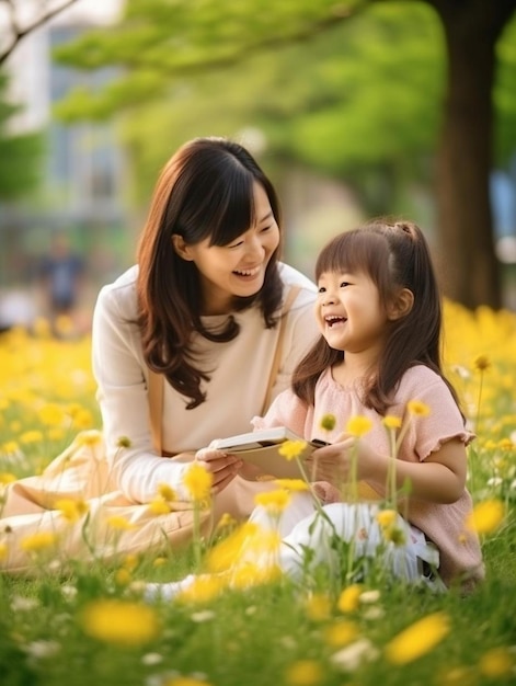 una donna e un bambino sono seduti nell'erba uno di loro legge un libro