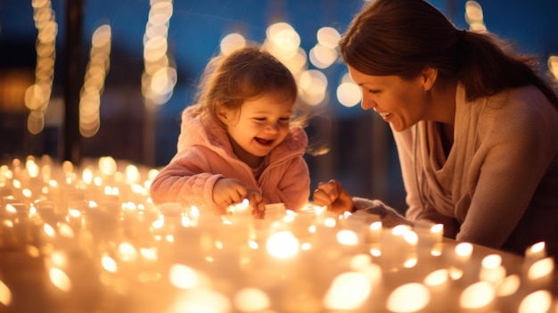 Una donna e un bambino stanno guardando le candele accese