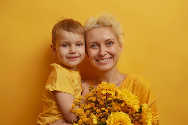 una donna e un bambino stanno posando con dei fiori