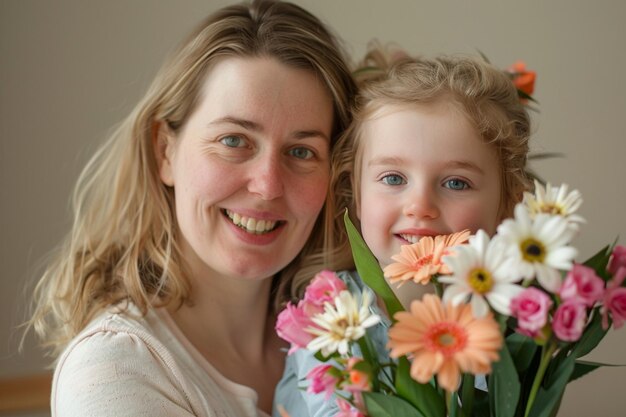 una donna e un bambino stanno tenendo dei fiori e sorridendo