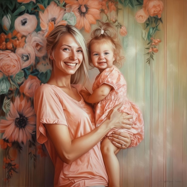 Una donna e un bambino tengono in mano un muro di fiori