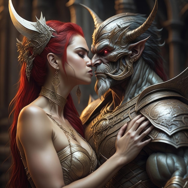 Una donna e un demone si baciano davanti a uno sfondo scuro.