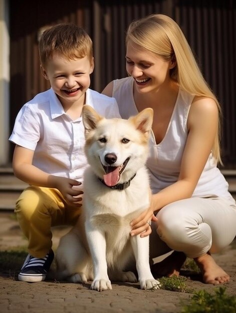 una donna e un ragazzo posano per una foto con un cane