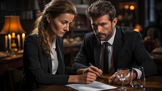 una donna e un uomo che firmano un documento in un bar.