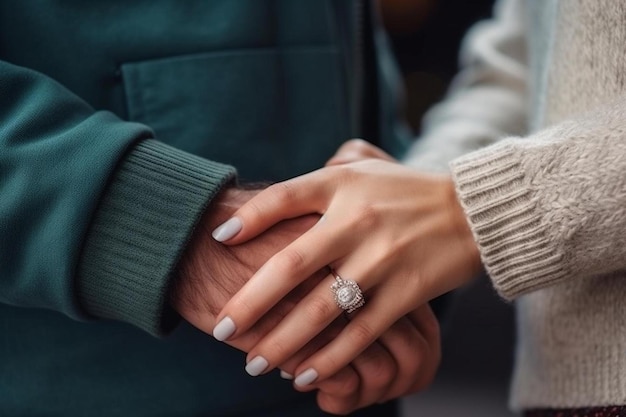 una donna e un uomo che si stringono le mani con un anello che dice fidanzamento