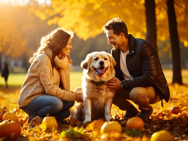 una donna e un uomo con un cane in un parco d'autunno in una giornata di sole persona e cane