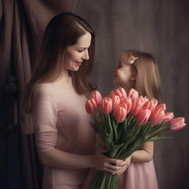 Una donna e una bambina tengono in mano un mazzo di fiori