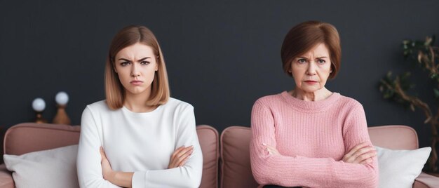 una donna e una donna seduti su un divano entrambi indossando camicie bianche entrambi guardandosi l'un l'altro