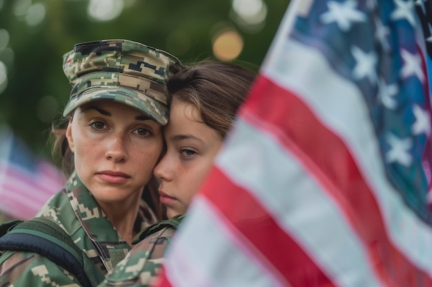 una donna e una ragazza stanno tenendo una bandiera con le parole US Army su di essa
