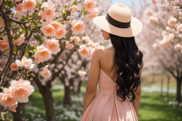 Una donna elegante con i lunghi capelli neri in un cappello e un vestito Peach Fuzz posa in un giardino fiorito