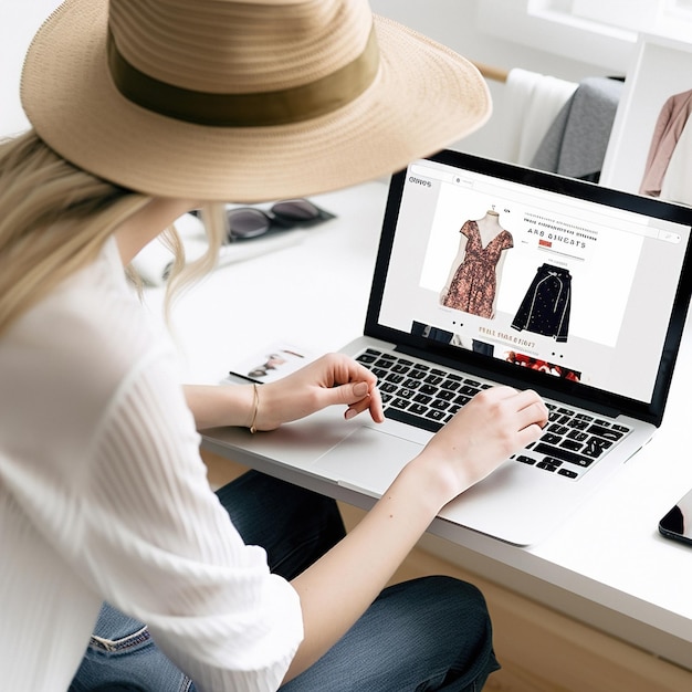 Una donna elegante di 25 anni che compra online un vestito splendido sul suo laptop da un sito di e-commerce