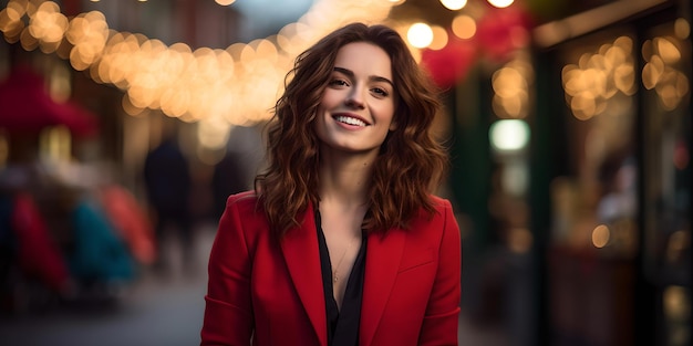 Una donna elegante in blazer rosso che sorride in una strada illuminata a festa al crepuscolo ha catturato un momento di gioia AI