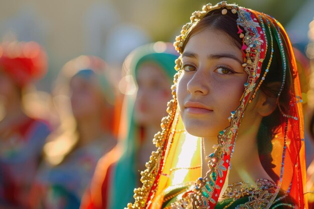 Una donna emana vibrazione in un vestito colorato e un copricapo che incarna la diversità culturale e la celebrazione con il suo abbigliamento sorprendente