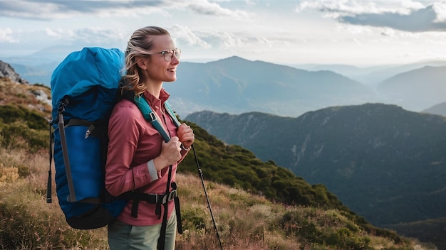 Una donna escursionista di successo con uno zaino in cima alla montagna che guarda lo skyline