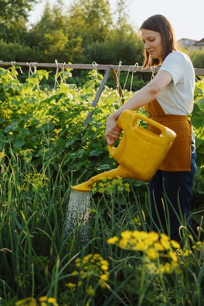 Una donna europea con un annaffiatoio giallo sta innaffiando frutta e verdura nel suo giardino a