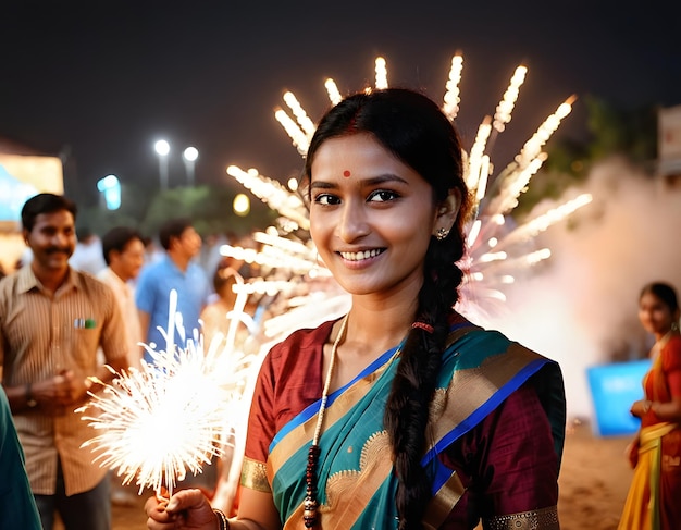 Una donna felice celebra la festa con i fuochi d'artificio di notte